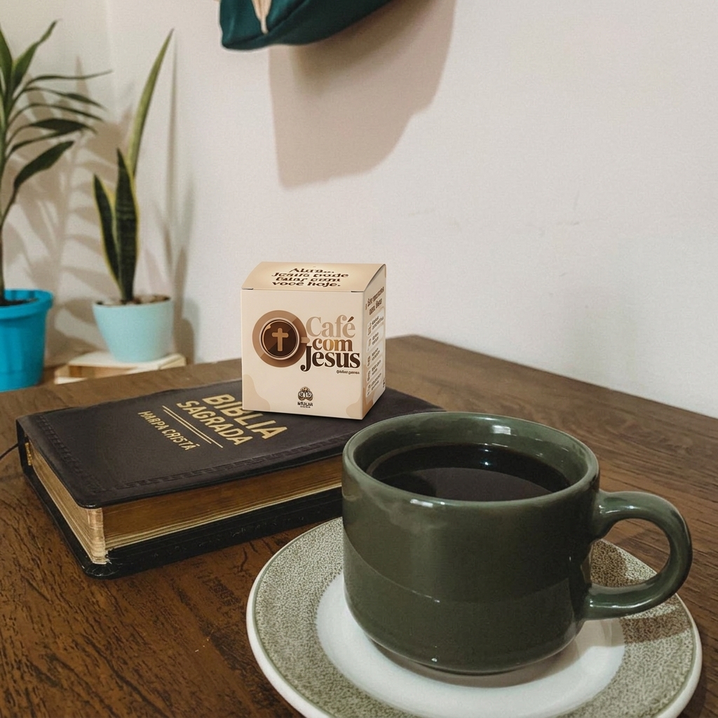 Café com Jesus na mesa com a Bíblia